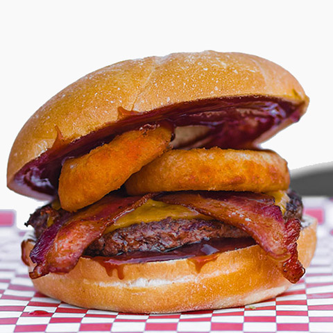 burger with 1/2 Lb. Black Angus Beef, American Cheese, BBQ Sauce, Onion Rings, Applewood Bacon On Fresh Kaiser Roll.