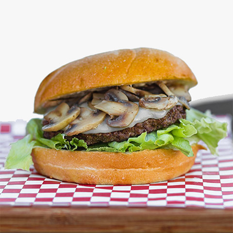 burger with 1/2 Lb. Black Angus Beef, Provolone Cheese, Sautéed Mushroom, Mayonnaise, Lettuce on a Fresh Kaiser Roll.